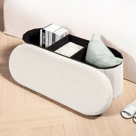 Go To Storage Ottoman With Cozy Sherpa Lining showcasing divided storage compartments with books and pillow inside.