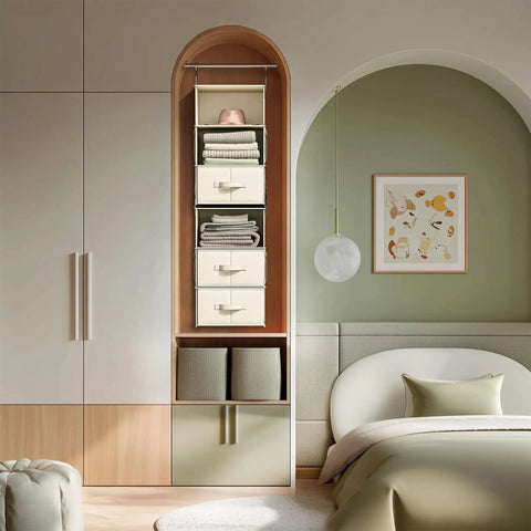 Heavy Duty Hanging Closet Organizer With Six Shelves And Three Zippered Drawers To Straight Up Upgrade Your Messy Wardrobe Storage Setup In Classic Beige Finish