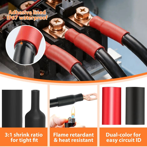 Beefy Battery Cable Ends Kit With 220 Pcs Copper Wire Lugs In AWG Two Zero Through Eight Heavy Duty Terminal Connectors Bolt Hole Options One Quarter To One Half Inch Includes One Hundred Twenty Pcs Heat Shrink Tubing For Fast Wiring with black and red heat shrink tubing demonstration