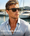 Man wearing polarized sunglasses for men and women with UV protection for driving fishing and golf 3 pack HD polarized lenses no glare