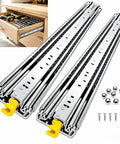 Beefy Heavy Duty Drawer Slides 500 Lb Capacity Full Extension Runners With Lock For Cabinets And Tool Chests Built From Tough Steel Smooth Quiet Glide Industrial Grade Ball Bearings, steel pair with handle, screws, balls