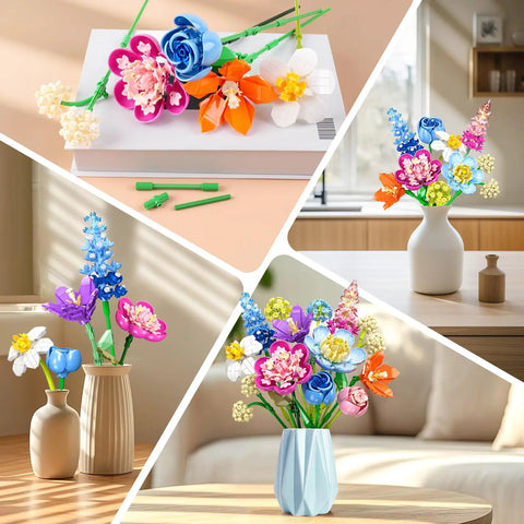 Flower Bouquet Building Kit For Adults And Kids 8 Plus, 13 Colorful Stems From 8 Varieties Like Peony, Rose, Hydrangea, Snowball, Narcissus, Snapdragon, And Consolida, A Dope DIY Home Decor Gift For Creative Crafters in vases