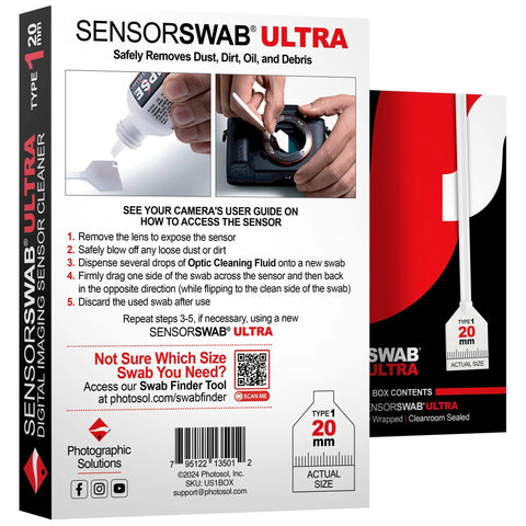 Front view of Photographic Solutions Sensor Swab Ultra 20mm Type-1 sensor cleaning swabs, pack of 12