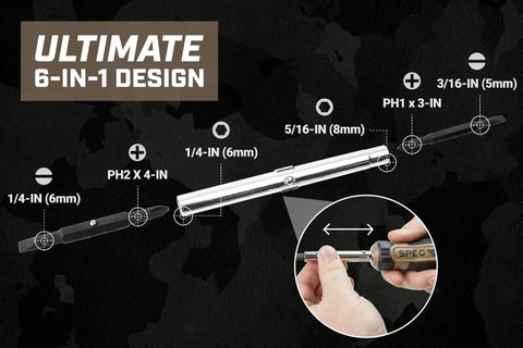 Built Tough Multi Bit Screwdriver Featuring Double Sided Magnetized Tips And Ergonomic MOA Grip with 6-in-1 design showing bits.