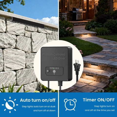 Eight Inch Retaining Wall Step Lights With Five Watt LED And One Hundred Watt Transformer IP68 Outdoor Hardscape Lighting Kit For Stairs And Walls Easy Install Low Voltage Twelve To Twenty Four Volt Two Seventy Degree Direction Eight Pack, showing auto on/off feature