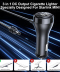 3 in 1 DC output cigarette lighter featuring digital display, designed for Starlink MINI, showcasing black cable and connectors.