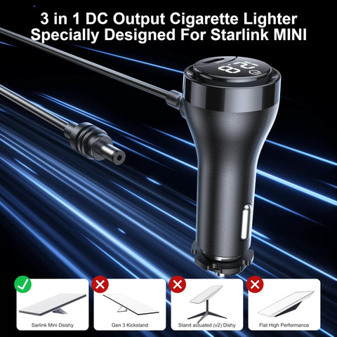 3 in 1 DC output cigarette lighter featuring digital display, designed for Starlink MINI, showcasing black cable and connectors.