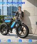 Adult Electric Bike, 750W Motor 1500W Peak Power, Dual 48V 15Ah Removable Batteries, man charging bike outdoors.