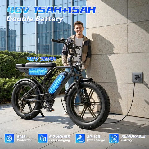 Adult Electric Bike, 750W Motor 1500W Peak Power, Dual 48V 15Ah Removable Batteries, man charging bike outdoors.
