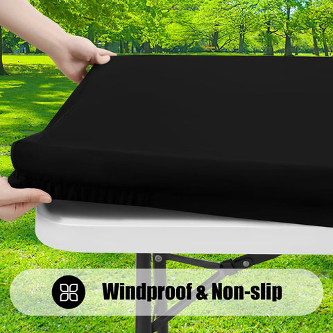 Elastic Fitted Picnic Table Cover Set No Fuss Fit Waterproof Spillproof Polyester Rectangle Tablecloths 2 Pack Black