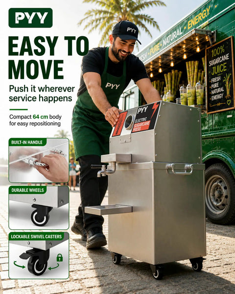 Heavy Duty Commercial Electric Sugarcane Juicer With Triple Rollers High Yield Sugar Extractor And Press Machine Stainless Steel Frame in use with wheels.