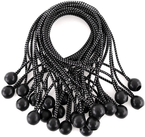 Pack of 25 black Beefy Heavy Duty Ball Bungee Cord 11 Inch With 1 Inch Nylon Ball for indoor outdoor tarp tie down and securement.