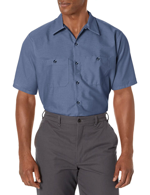 Mens Short Sleeve Work Shirt Regular Fit Polyester Cotton Blend Button Front Utility Top All Day Comfort Heavy Duty Job Site Ready Built Tough For The Daily Grind 4XL Large Postman Blue model wearing shirt with two front pockets.