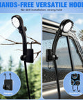 Hands-free Portable Camping Shower With Heater 2000W suction and hanging options outdoors and on car window.