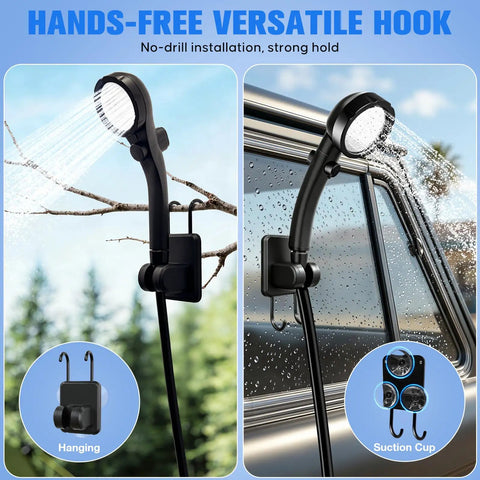 Hands-free Portable Camping Shower With Heater 2000W suction and hanging options outdoors and on car window.