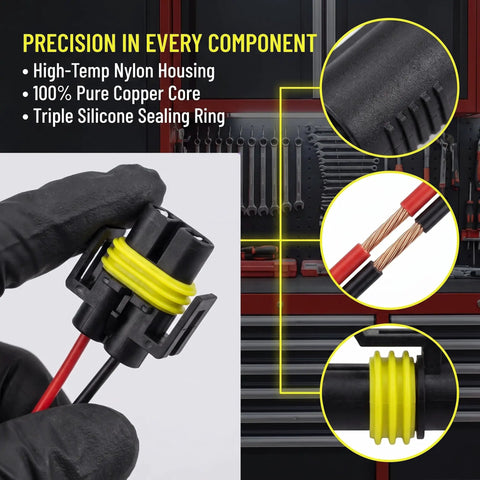 Tough As Nails 9005 And 9006 Headlight Connectors 2 Pack showing high-temp nylon housing and copper core specifications.