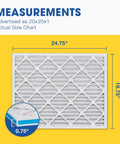20x25x1 MERV 11 Air Filter Pack, 4 Count, Actual Size 19.75 x 24.75 x 0.75, size illustration with measurements, Made in USA.