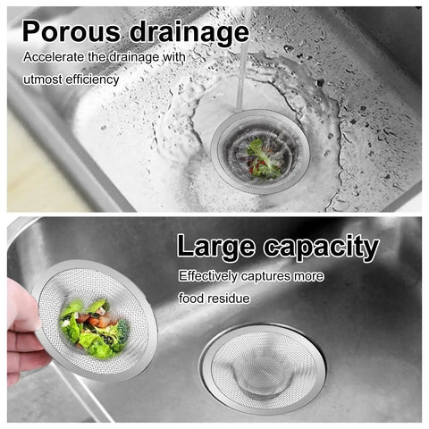 Forty Pack Premium Stainless Steel Mesh Sink Strainer Four Point Five Inch Drain Filter Basket in use catching food scraps.
