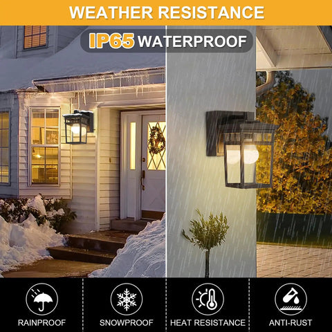 Porch Light With Built In GFCI Outlet Dusk To Dawn Exterior Wall Mount Fixture in snowy and rainy weather, IP65 waterproof.
