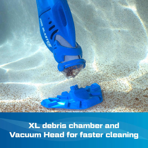 Max CG Cordless Pool Vacuum For Commercial Grade Cleaning And Heavy Duty Power Handheld Rechargeable Swimming Pool Cleaner For Inground And Above Ground Pools With Hoseless Design shown in action with debris chamber and vacuum head underwater.