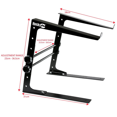 Portable DJ Laptop Stand With Adjustable Height, Anti Slip Surface, and Ventilated Steel Frame with measurement details
