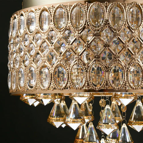 Close-up of Gold Crystal Chandelier Flush Mount Ceiling Light With Diamond Drum Shade Luxury Room Decor For Bedroom Living Room Dining Hallway And Entry Sparkling Crystal Pendant Fixture With Modern Glam