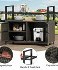 Outdoor Storage Cabinet With Wheels And Black Glass Top For Patio And Poolside No Fuss All Weather Wicker Cart With 56 Gallon Open Space And 70 Gallon Cabinet Side Hooks For Easy Organization Dark Brown, shown with open doors, revealing shelves with kitchen items.