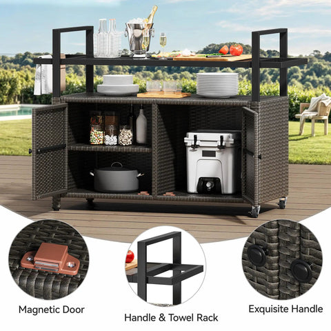 Outdoor Storage Cabinet With Wheels And Black Glass Top For Patio And Poolside No Fuss All Weather Wicker Cart With 56 Gallon Open Space And 70 Gallon Cabinet Side Hooks For Easy Organization Dark Brown, shown with open doors, revealing shelves with kitchen items.