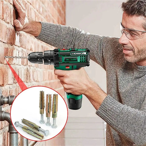 30 Sets Metal Serrated Expansion Tube Screws for Concrete and Drywall Anchors Kit Self Drilling No Prep Install Premium Yellow Zinc Plated Carbon Steel Fasteners for Rust Resistant Heavy Duty Wall Mounts, shown with drill