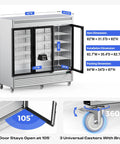 Top Shelf Heavy Duty Commercial Reach In Refrigerator With Three Glass Doors And Seventy Two Cubic Feet Of Stainless Steel, showcasing dimensions and features.