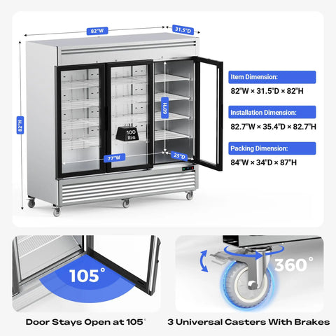Top Shelf Heavy Duty Commercial Reach In Refrigerator With Three Glass Doors And Seventy Two Cubic Feet Of Stainless Steel, showcasing dimensions and features.