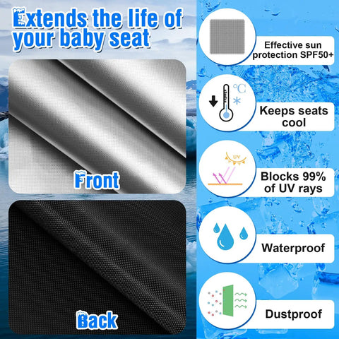 Front and back views of 600D material for 2Pcs Baby Car Seat Sun Shade Cover For Infants And Toddlers All Weather Car Seat Cooler With UV Protection Keeps Seats Chill Blocks Sunlight Dustproof And Spillproof Easy To Install Travel Accessory For Happier Rides