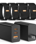 65W USB C GaN Wall Charger With 3 Ports Dual PD 3.0 USB C And 18W USB A Fast Charge For Samsung Galaxy S Series And Android Phones Includes 3 6 And 10 Feet USB C Cables Compact Desk And Travel Charger, includes USB cables in 3, 6, and 10 feet lengths.