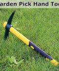 15 Inch Pick Mattock Hoe With Forged Adze Head And Plastic Coated Fiberglass Handle on grass