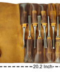Heavy Duty Tool Roll Up Pouch With 12 Slots Portable Leather Tool Carry Bag Vintage Handmade Wrench Roll Chisel Organizer Full Grain Leather Craft Built For DIYers And Pros, fully open with tools inside, 20.2 x 12.2 inches.