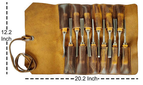 Heavy Duty Tool Roll Up Pouch With 12 Slots Portable Leather Tool Carry Bag Vintage Handmade Wrench Roll Chisel Organizer Full Grain Leather Craft Built For DIYers And Pros, fully open with tools inside, 20.2 x 12.2 inches.