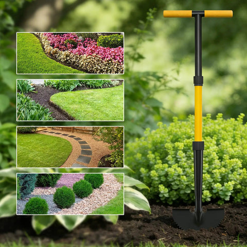 Edger Lawn Tool With 41 Inch T Handle shown with precise garden border lines in multiple settings