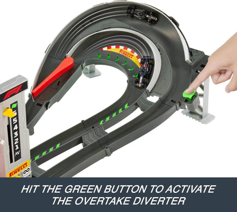 Formula 1 Grand Prix Circuit Track Set with die-cast cars on track and hand pressing button to activate overtake diverter