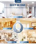 Image displaying Six Pack Seven Inch 5CCT Ultra Thin Led Recessed Ceiling Downlights in various room settings with adjustable temperatures.