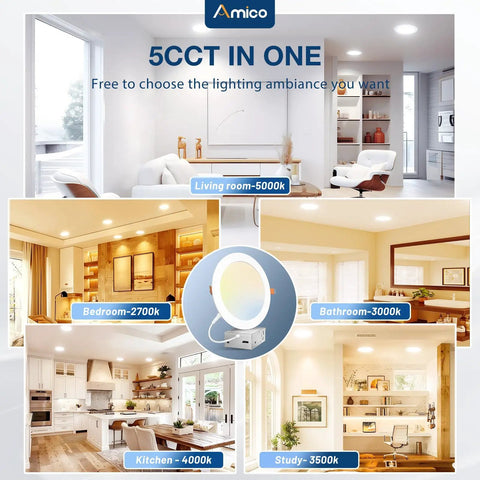 Image displaying Six Pack Seven Inch 5CCT Ultra Thin Led Recessed Ceiling Downlights in various room settings with adjustable temperatures.