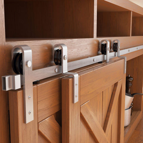 Mini Brushed Nickel Barn Door Hardware Kit For Double Doors With 66 Inch Flat Track Bypass Sling Roller System For Cabinets TV Stands And Console Use, Classic Design That Keeps Doors Sliding Smoothly And Quietly installed on wooden doors