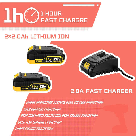 20V Brushless Cordless Drill Kit With Two Batteries, 530 Inch Lbs Torque, Half Inch All Metal Chuck, 21 Plus 1 Torque Settings, 0 to 1500 RPM Variable Speed, 33 Piece Accessory Set In Durable Carry Case showing two lithium-ion batteries and fast charger.
