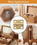 4 Pack 1 Inch Brass Butt Hinges For Wooden Boxes, displayed on various wooden cabinets and boxes with gold tone finish.