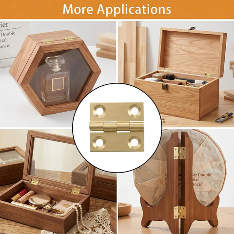 4 Pack 1 Inch Brass Butt Hinges For Wooden Boxes, displayed on various wooden cabinets and boxes with gold tone finish.