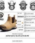 Mens 6 Inch Steel Toe Slip On Work Boots Chelsea Waterproof Safety Footwear Heavy Duty Electrical Hazard Rated Non Slip Rubber Outsole Built Tough All Day Workdays in tan leather, featuring elastic band and rubber outsole.