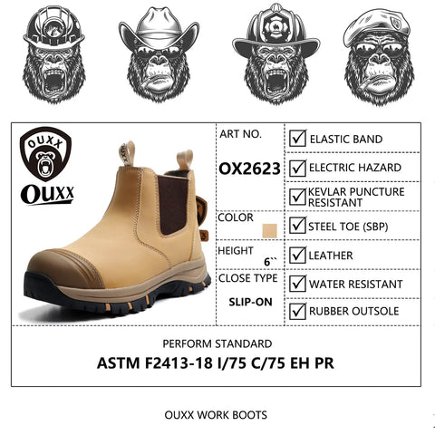 Mens 6 Inch Steel Toe Slip On Work Boots Chelsea Waterproof Safety Footwear Heavy Duty Electrical Hazard Rated Non Slip Rubber Outsole Built Tough All Day Workdays in tan leather, featuring elastic band and rubber outsole.