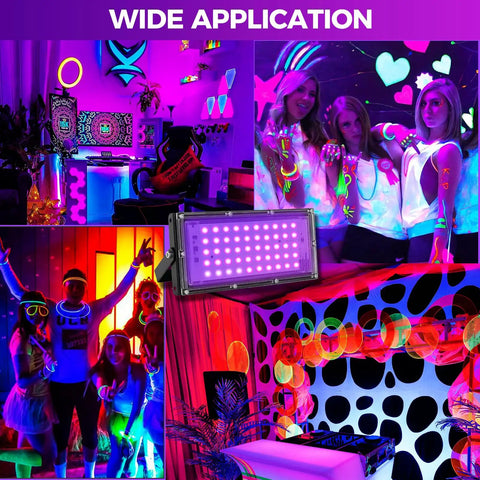 30W LED Black Light Flood Lights For Glow Parties IP65 Waterproof UV 395nm Purple Glow Spotlight 4 Pack Perfect For Halloween Decor And Lit Neon Effects Indoors showcasing vibrant neon party scenes.