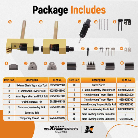 Timing Chain Removal Kit For Mercedes Benz M271 M272 M273 Diesel Engines Camshaft Riveting Tool Set With Breaker And Installer 24 Pcs Pro Grade Easy DIY Maintenance package contents display.
