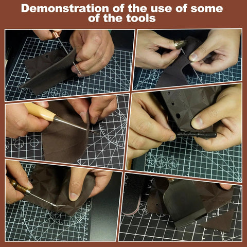 Close-up of hands using tools from Leather Tooling Kit For Leather Craft Enthusiasts 588Pcs DIY Set With Handbag Case.