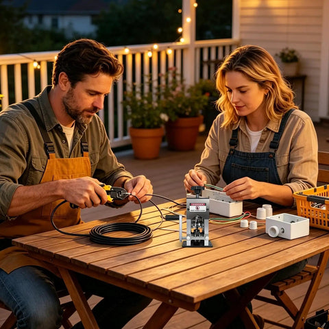 Heavy Duty Manual Wire Stripping Machine With Ergonomic Hand Crank And Drill Adapter used by man and woman for cable stripping outdoors.